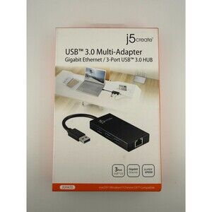 NEW J5Create JUH470 Black 3.0 USB 3-Port Gigabit Ethernet and Hub Multi-Adapter